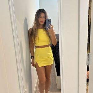 Yellow 2- piece set asymmetrical tank and short mini skirt